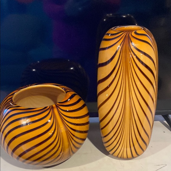 Other - Striped glass Vase and Bowl Set - Orange and Black